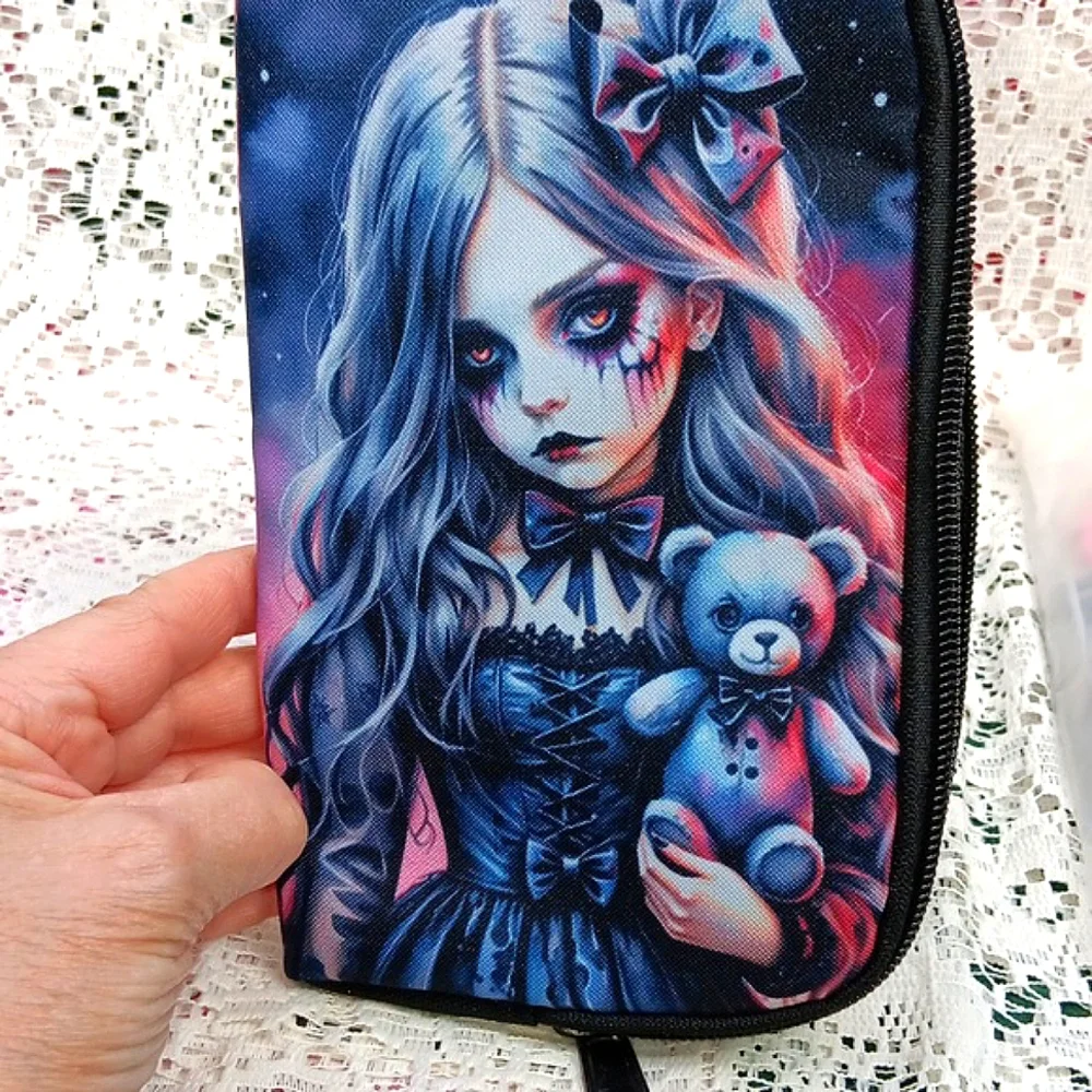 🆕️LAST 1🌹GOTH GIRL & TEDDY BEAR ZIPPERED CLUTCH WRISTLET WALLET/Y2K GOTH PUNK